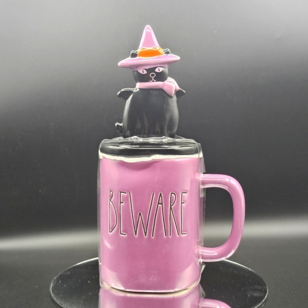 Purple Halloween BEWARE Mug with Witch Cat Topper